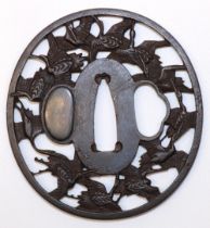 Japanese Mumia 17th century tsuba to fit wakazashi, with pieaced boarder of cranes in flight with