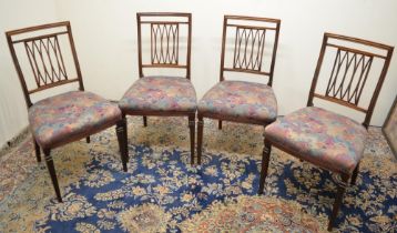 Set of four Edwardian rosewood Salon chairs, shaped backs with crossed openwork splats, seats