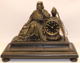 C19th French patinated brass and slate figural mantle clock, the Medieval Knight leaning against the