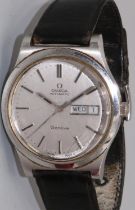 Omega Geneve stainless steel wristwatch with day date, signed silvered dial with baton hours with