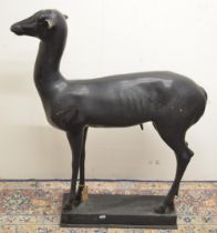 Large patinated bronze model of a standing male deer, on rectangular base, W78cm H91cm