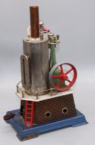 Wilesco German tinplate D455 vertical stationary live steam engine, with burner sight glass and