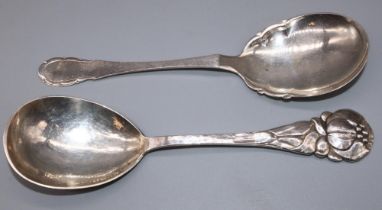 C20th Danish Silver serving spoon, with stylized fruit and planished handle and bowl, stamped