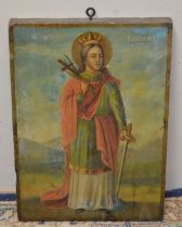 Late C19th icon of Catherine of Alexandria, full length oil on wood panel, unframed in gilt
