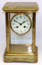 Japy Freres - C20th French onyx and brass four glass mantle clock, plain brass case with bevelled