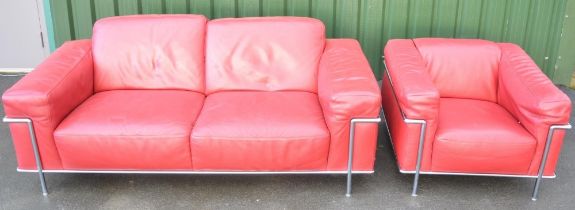 Le Corbusier style chromed metal framed sofa with textured red leather upholstery, W200 D96cm