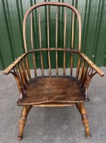 C19th Country made ash and elm hoop and stick back Windsor chair, with turned and bentwood arm