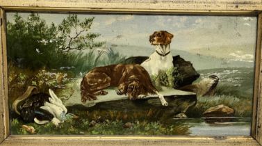 English School (Early C20th); Gundogs with game, overpainted oil on ceramic panel, 20cm x 40cm