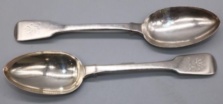 Pair of George 111 hallmarked York silver Fiddle pattern table spoons with rampant lion crest, by