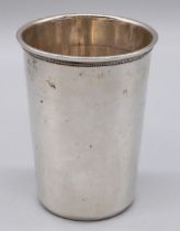 C20th Danish Arts silver beaker, plain tapered body with beaded rim, stamped M. Ballins HB AT