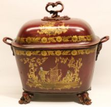 C19th Toleware oval coal box and cover later red Chinioserie decorated, with scroll cast feet and