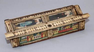 C19th carved bone prisoner of war work sarcophagus shaped games compendium, decorated with painted