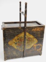 C20th Chinese tea chest, decorated with character marks and dancing figures on a black ground,