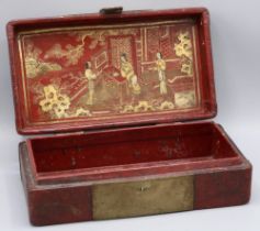 Early C20th Chinese export red lacquered box, lid internally decorated with figures in a