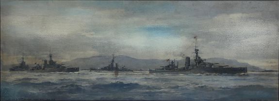 Frank Wood (1904-1985); 'HMS Orion and 3rd Division Grand Fleet 1914-18' watercolour, signed and