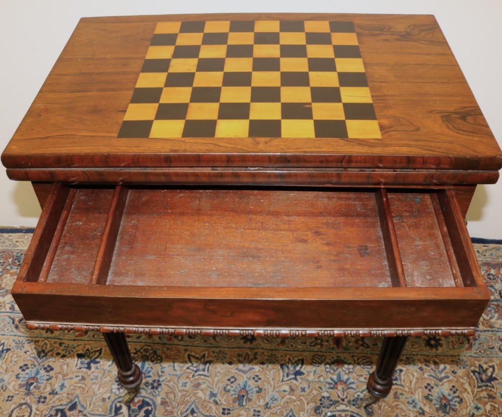 C19th Gillows style rosewood games table, swivel folding boxwood and ebonised baize lined chessboard - Image 2 of 3