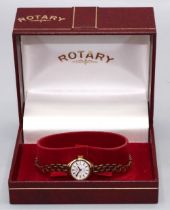 Ladies Rotary gold quartz wristwatch, signed silvered dial with applied baton hours, two piece