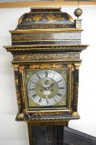 Jos. Boult London - black lacquered chinoiserie longcase clock, signed 12 1/4in square brass dial