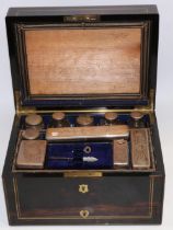 Victorian coromandel ladies vanity case, 9 silver plate topped clear glass jars and bottles, pull