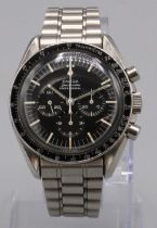 Pre-Moon Landing Omega Speedmaster Professional stainless steel chronograph wristwatch, signed black