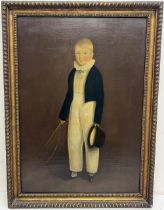 English Naive School (C19th); Portrait of a boy Coachman possibly Charles Buttery, full length