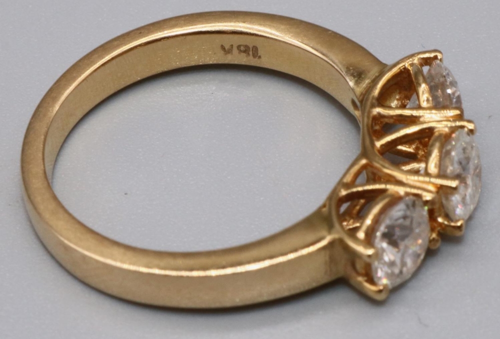 18ct yellow gold three stone diamond ring, the three brilliant cut diamonds in claw settings on - Image 2 of 2
