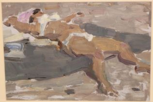 Galina Rumiantseva (Russian 1927-2004); Girl sunbathing in a white bikini, oil on card, signed