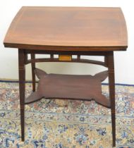 Liberty style boxwood strung mahogany card table, rectangular swivel folding baize lined top above