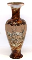 Doulton Lambeth baluster vase, sgraffito decorated by Hannah Barlow with a central band of deer in