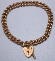 9ct yellow gold chain link bracelet with heart padlock clasp with safety chain, stamped 375, 25.4g