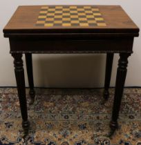 C19th Gillows style rosewood games table, swivel folding boxwood and ebonised baize lined chessboard