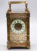 C19th French brass carriage timepiece, case with stop fluted column supports and blind fret