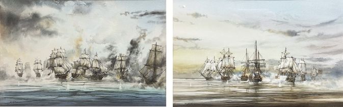 David G Bell (British C20th); British and French warships, pair of watercolours, signed, 24cm x 38cm