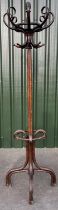 Early C20th Mazowia bentwood coat stand, swivel top with eight scroll hooks and beehive finial, on