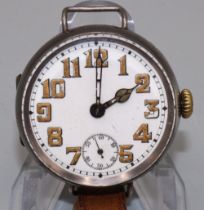 Rolex hallmarked silver trench wristwatch, white enamel Arabic dial with skeletonised numerals,