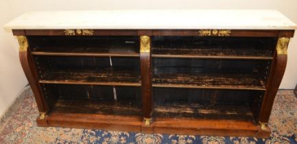 C19th rosewood low bookcase, with white marble top and anthemnion gilt metal mounted frieze, four