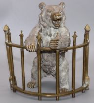 Victorian Russian novelty inkwell, cast as a bear standing behind a curved fence, his head hinged as