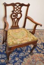 Late George 111 mahogany elbow chair, with serpentine cresting rail, pierced vase shaped splat and