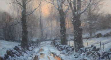 John Trickett (British b.1952); Gated forest track in a wooded Winter landscape, oil on canvas,