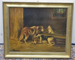 W. Judd (British C19th): Two Hounds and a Terrier in a barn interior, oil on panel, signed and dated