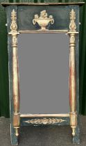 C19th painted giltwood and gesso pier mirror, upright plate with anthemion and urn frieze enclosed