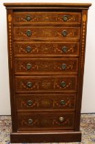 Edwardian Sheraton Revival boxwood strung mahogany Wellington chest, seven drawers inlaid with