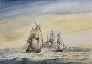 David G. Bell (British C20th); Two Gunships off the Coast, watercolour, signed, 45cm x 66cm