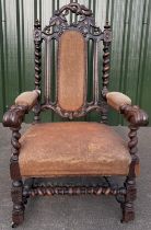 C19th Charles 11 style barley twist carved oak open arm chair, pierced back with scroll caved arms