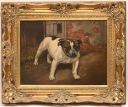 J. Milner (British early C20th); Terrier in a kennel yard, oil on canvas, signed, 29cm x 39cm