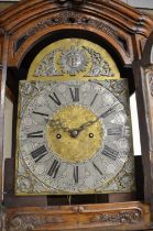 19th century French provincial oak longcase clock, 17in arched brass dial with silvered Roman