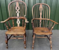 C19th ash and elm high back broad arm Windsor chair with pierced splat and shaped seat on turned