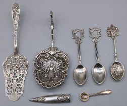 Collection of C19th and later Continental silver cutlery incl. Dutch strainer spoon, a cake slice