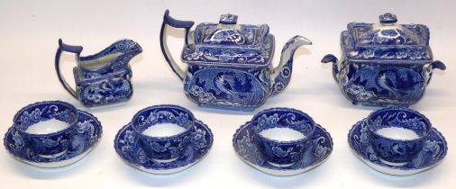 Early C19th blue & white pearlware tea set, printed with exotic birds in scale reserve panels on