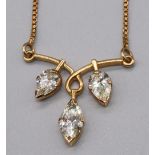 Yellow metal necklace with diamond centre piece, the central marquise cut diamond flanked by two